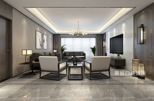 客廳豐富的頂面造型,充滿層次感,家具擺設對稱,電視背景墻采用石材和實木護墻板結合彰顯效果 效果圖 2020裝修案例圖片 東易日盛裝飾集團官網