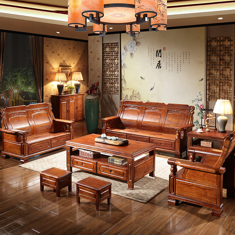 品尚美家 實木沙發冬夏兩用中式仿古香樟木沙發組合實木家具 956#1+1+3+茶幾+方幾
