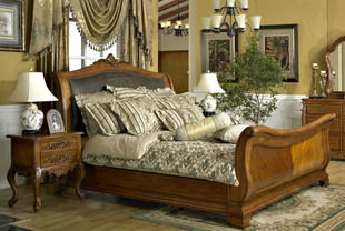 廠家直銷 臥室雙人床 歐式1.8米 美式古典雪橇床 真皮實(shí)木床定制